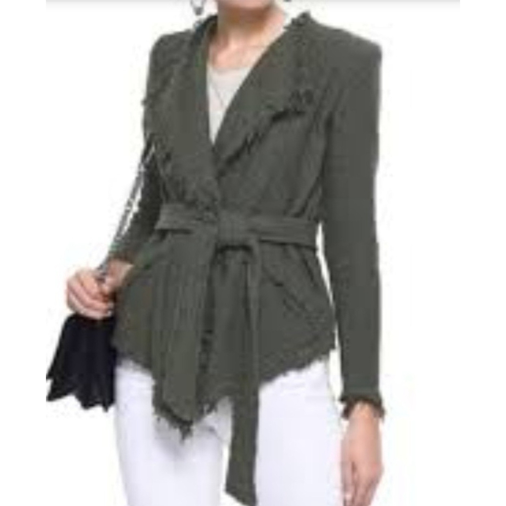 Iro Schala Jacket Wrap Self Tie Belt Fringe Green Tweed Size 34 US Size XS EUC - Picture 9 of 9